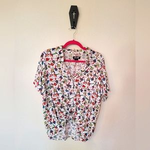 🍄Zumiez A-Lab Mushroom Print Womens Size M High-Low Knot-tie Button Up Shirt
